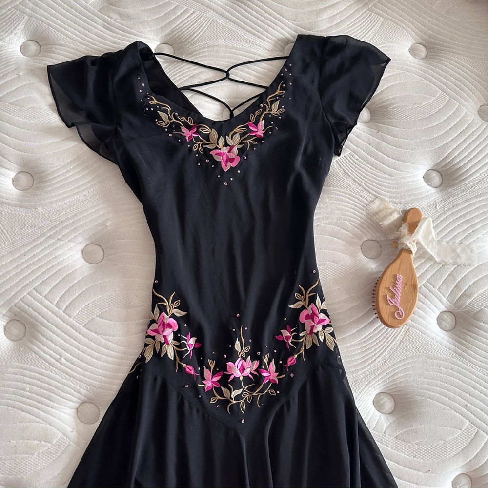 Vintage Black Dress with Pink Floral Embroidery